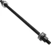 A black threaded spindle with silver nuts and washers on a white background. Produktbild-Vorschau