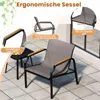 An outdoor chair and table set on a tiled patio, with close-up insets highlighting features. Podgląd zdjęcia produktu