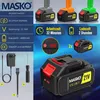 Collage of product images and feature callouts for a MASKO battery and charger. Produktbild-Vorschau