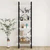 A tall, white and black ladder bookshelf filled with decorative items and books, placed against a white wall next to a potted plant. Podgląd zdjęcia produktu