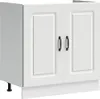 A white kitchen base cabinet with two doors and black handles, shown from a front-side angle on a white background. Produktbild-Vorschau