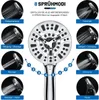 A shower head with multiple spray modes illustrated with diagrams and text. Produktbild-Vorschau