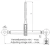 A technical drawing of a load binder with dimensions and adjustment range indicated. Produktbild-Vorschau