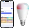 A smartphone screen displaying controls for a smart LED bulb, next to the actual LED bulb. Produktbild-Vorschau