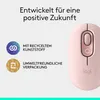 A pink Logitech POP mouse is shown next to text and icons highlighting its eco-friendly features. Náhľad obrázku produktu