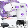 A white mini sewing machine with purple accents, displayed with its accessories and packaging. Produktbild-Vorschau