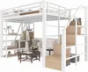 A white metal loft bed with integrated stairs and shelving, featuring a sofa and coffee table underneath. Voir les images du produit