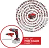 A collage of power tools arranged in concentric circles around a central battery, with a close-up of a specific screwdriver and magazine attachment in the lower left corner. Text indicates it's part of a product family. Voir les images du produit