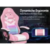 A pink gaming chair with text overlays highlighting its ergonomic features. Podgląd zdjęcia produktu