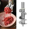 A split image showing ground meat being processed by a meat grinder on the left, and a meat grinder auger screw on the right. Náhľad obrázku produktu