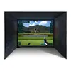 A golf simulator enclosure with a screen displaying a golf course simulation. Produktbild-Vorschau