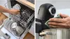 A split image showing a person loading a dishwasher on the left and a person cleaning a kitchen appliance on the right. Produktbild-Vorschau