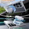 A clear phone case with a magnetic ring accessory attached, shown in two different scenarios: one attached to a car mount and another demonstrating magnetic charging. Voir les images du produit