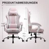 A pink and white gaming chair is shown with dimensions and measurements indicated by lines and text. Náhled obrázku produktu