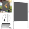 A collage showing a vertical awning on a balcony, a close-up of the crank mechanism, and the assembly parts. Produktbild-Vorschau