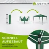 Illustration showing the assembly process of a green pop-up gazebo, from folded state to fully erected. Podgląd zdjęcia produktu