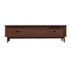 A front view of a dark wood TV stand with rounded corners and tapered legs, set against a white background. Voir les images du produit