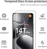 A marketing image showcasing a tempered glass screen protector for a Xiaomi 14T Pro phone, highlighting its features with icons and text. Produktbild-Vorschau