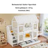 A white bunk bed with a house-like roof design, featuring stairs with storage and drawers underneath. The scene is set in a child's room with some decorative items and a rug. Anteprima dell’immagine prodotto