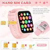 A pink smartwatch is shown with instructions on how to insert a Nano SIM card and a magnetic charging port. Voir les images du produit