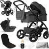 A collage of a baby stroller system and its accessories, including a car seat, a seat liner, and a bottle holder. Produktbild-Vorschau