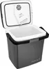 An open gray mini refrigerator with a white interior, showing the cooling fan and a label on the inside of the lid. Podgląd zdjęcia produktu
