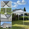 A white gazebo set up in a backyard with a house and fence in the background. The image also includes close-up shots of the gazebo's construction. Produktbild-Vorschau