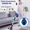 A woman is using a cordless stick vacuum cleaner in a living room. The image highlights the product's features and specifications. Produktbild-Vorschau