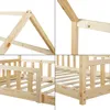 A collage of four close-up shots of a wooden children's house bed frame, showing construction details. Anteprima dell’immagine prodotto