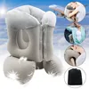 A collage of an inflatable travel pillow with smaller circular images showing people using it in different settings, including on an airplane. Produktbild-Vorschau