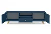 A dark blue TV stand with gold legs is shown with its doors and drawer open. Voir les images du produit