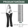 A size chart showing a hog ring plier tool and a pack of hog rings, with dimensions indicated. Produktbild-Vorschau