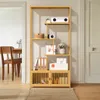 A wooden bookshelf with various items on its shelves, placed in a room with a doorway and a chair visible. Produktbild-Vorschau