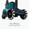 Close-up of the wheels and base of a teal and black scooter. Voir les images du produit
