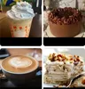 A collage of four food and drink images: a whipped cream drink, a chocolate cake, a latte with heart art, and a slice of layered cake. Produktbild-Vorschau