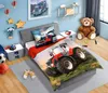 A child's bedroom with a bed featuring tractor-themed bedding, toys, and decorations. Podgląd zdjęcia produktu