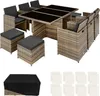 An outdoor rattan dining set with chairs, ottomans, and a table, along with a protective cover and cushions. Náhled obrázku produktu