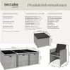 Product information with dimensions, technical data, and delivery contents for a rattan garden furniture set. Produktbild-Vorschau