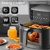 A close-up of an air fryer with food inside, alongside promotional icons and text. Produktbild-Vorschau