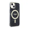 A black marble-patterned iPhone case with a gold Guess logo and MagSafe ring. Podgląd zdjęcia produktu