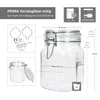 A clear glass storage jar with a wire bail closure and a diagram showing its dimensions and features. Náhled obrázku produktu
