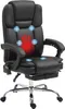 A black ergonomic office chair with a footrest, featuring glowing blue circles and a red heat map graphic indicating massage and heating functions. Produktbild-Vorschau