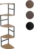 A corner shelf unit with five tiers, shown against a white background. Three circular swatches showing different wood grain finishes (light brown, dark brown, black) are displayed to the right of the shelf. Anteprima dell’immagine prodotto