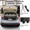 Rear view of an open car trunk with a folded tent inside, and inset images showing how to carry and move the tent. Produktbild-Vorschau