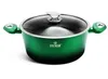 A green pot with a glass lid and silver handles, set against a white background. Produktbild-Vorschau