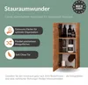 A marketing image showcasing a bathroom cabinet with features highlighted by text and icons. Produktbild-Vorschau