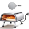 A stainless steel pizza oven with a pizza inside, shown with a pizza peel above it. Produktbild-Vorschau