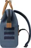 Side view of a blue backpack with brown accents. Produktbild-Vorschau