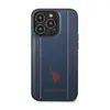 A dark blue iPhone case with red and white stitching and a red polo player logo. Produktbild-Vorschau