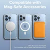 Three iPhones in clear cases are shown, each demonstrating compatibility with different Mag-Safe accessories. Voir les images du produit